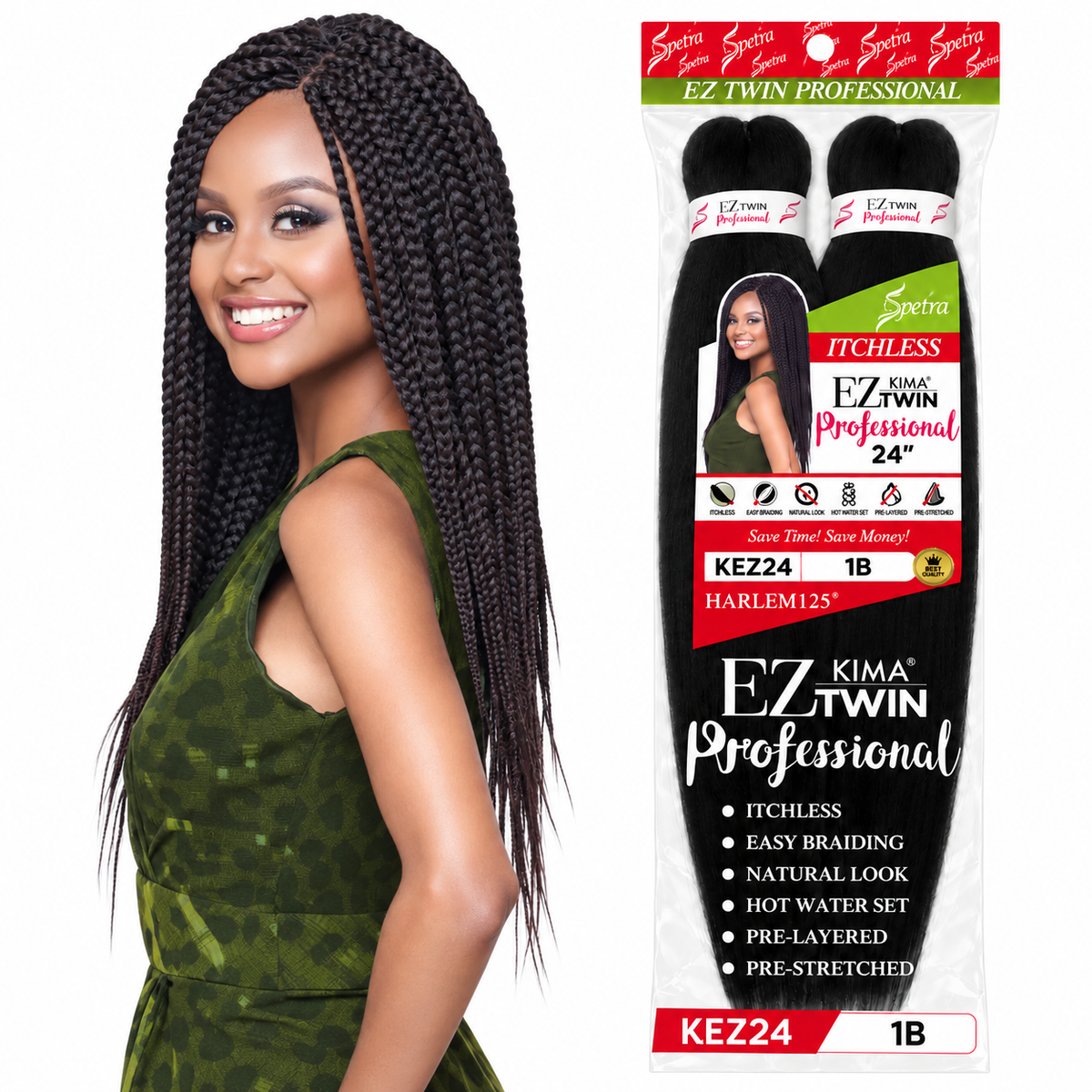 Harlem125 Kima EZ Twin Pre-Stretched Braiding Hair 24" — model and package on white
