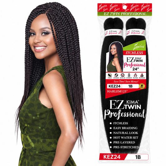 Harlem125 Kima EZ Twin Pre-Stretched Braiding Hair 24" — model and package on white