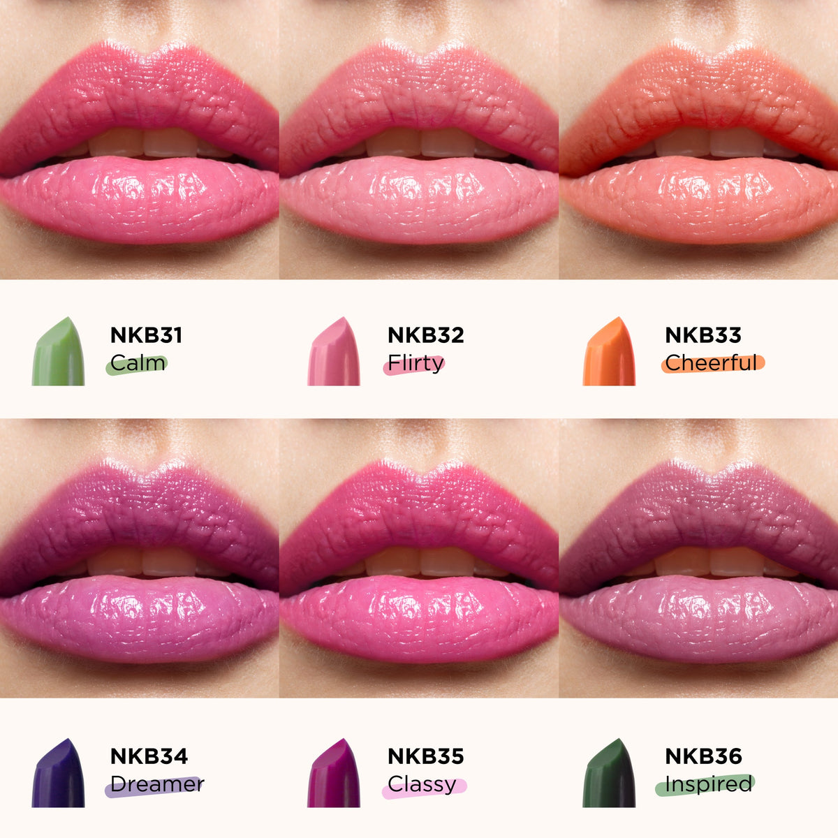 Nicka K Mood Lipstick, six-shade chart showing lip color results