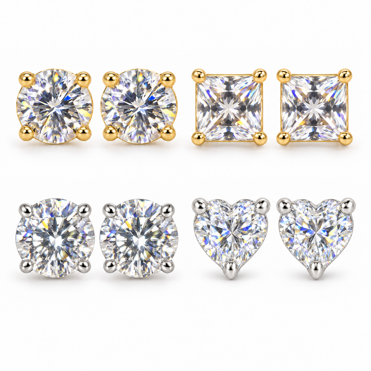 The One 5A CZ stud earrings hero showing gold-tone round and square pairs with silver-tone round and heart pairs