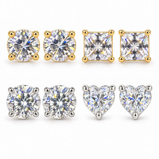The One 5A CZ stud earrings hero showing gold-tone round and square pairs with silver-tone round and heart pairs