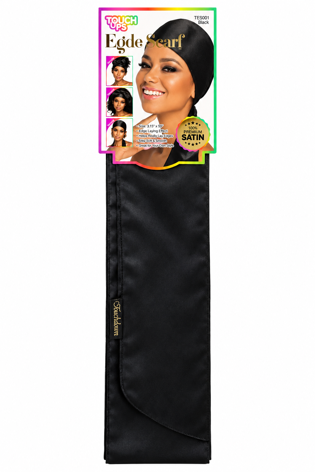 Touch Ups TES001 Black satin edge scarf front package on white background