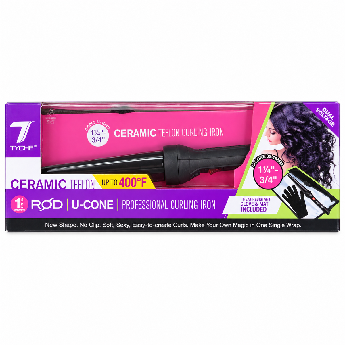 Tyche Ceramic Teflon Rod Curling Iron — U-Cone model retail packaging