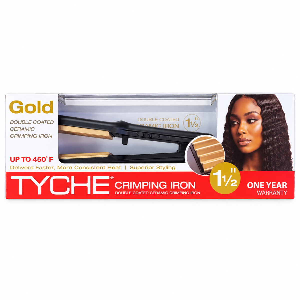 Tyche Gold Ceramic Crimping Iron 1 1/2 Inch — crimping iron in retail box