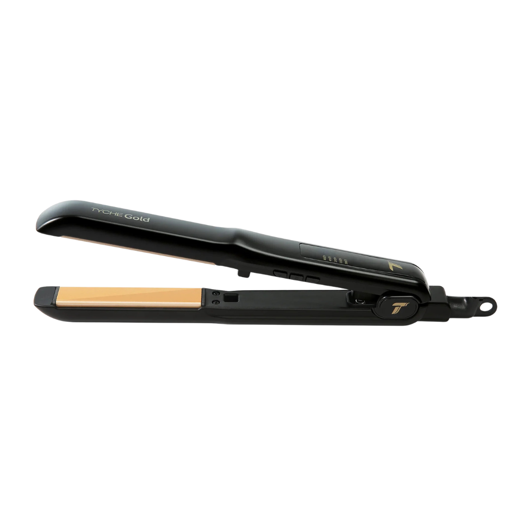 Tyche Gold Ceramic Flat Iron 1 Inch | 450°F — open black flat iron with gold plates