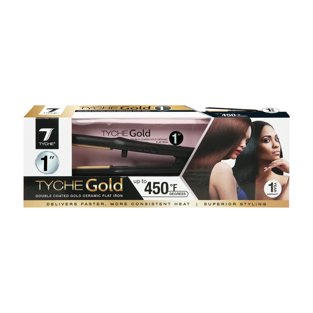 Tyche Gold Ceramic Flat Iron 1 Inch | 450°F — 1-inch flat iron retail box
