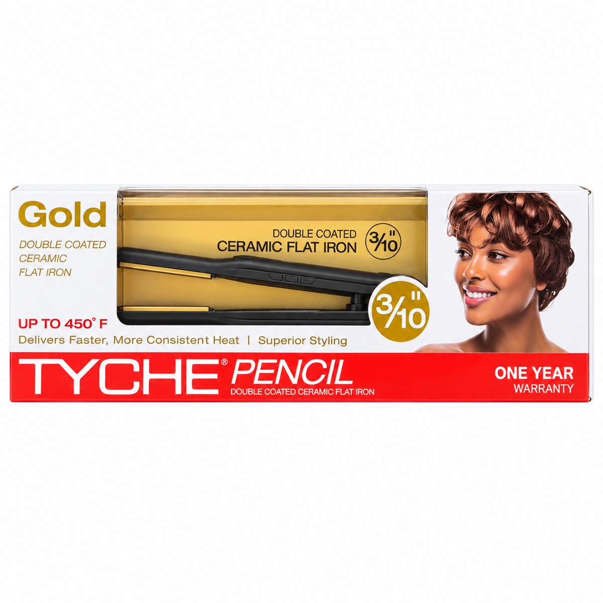 Tyche Gold Pencil Ceramic Flat Iron 3/10 Inch — pencil flat iron in retail box