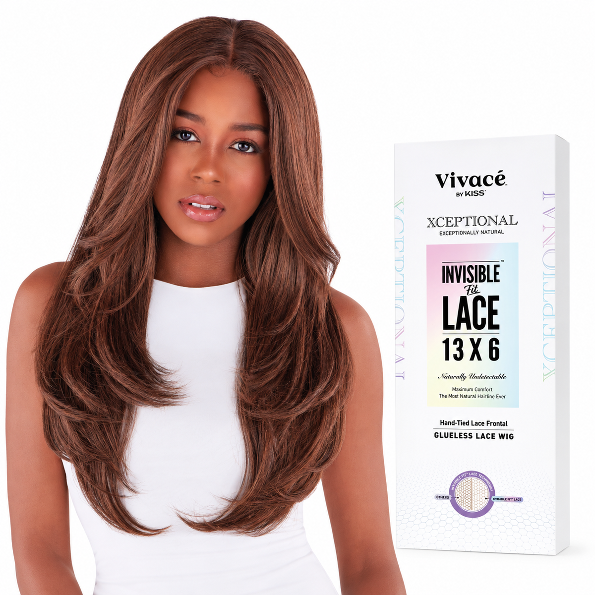 Vivace by KISS HERA 26-inch 13x6 Invisible Fit Lace Wig — P1B30 model and retail packaging