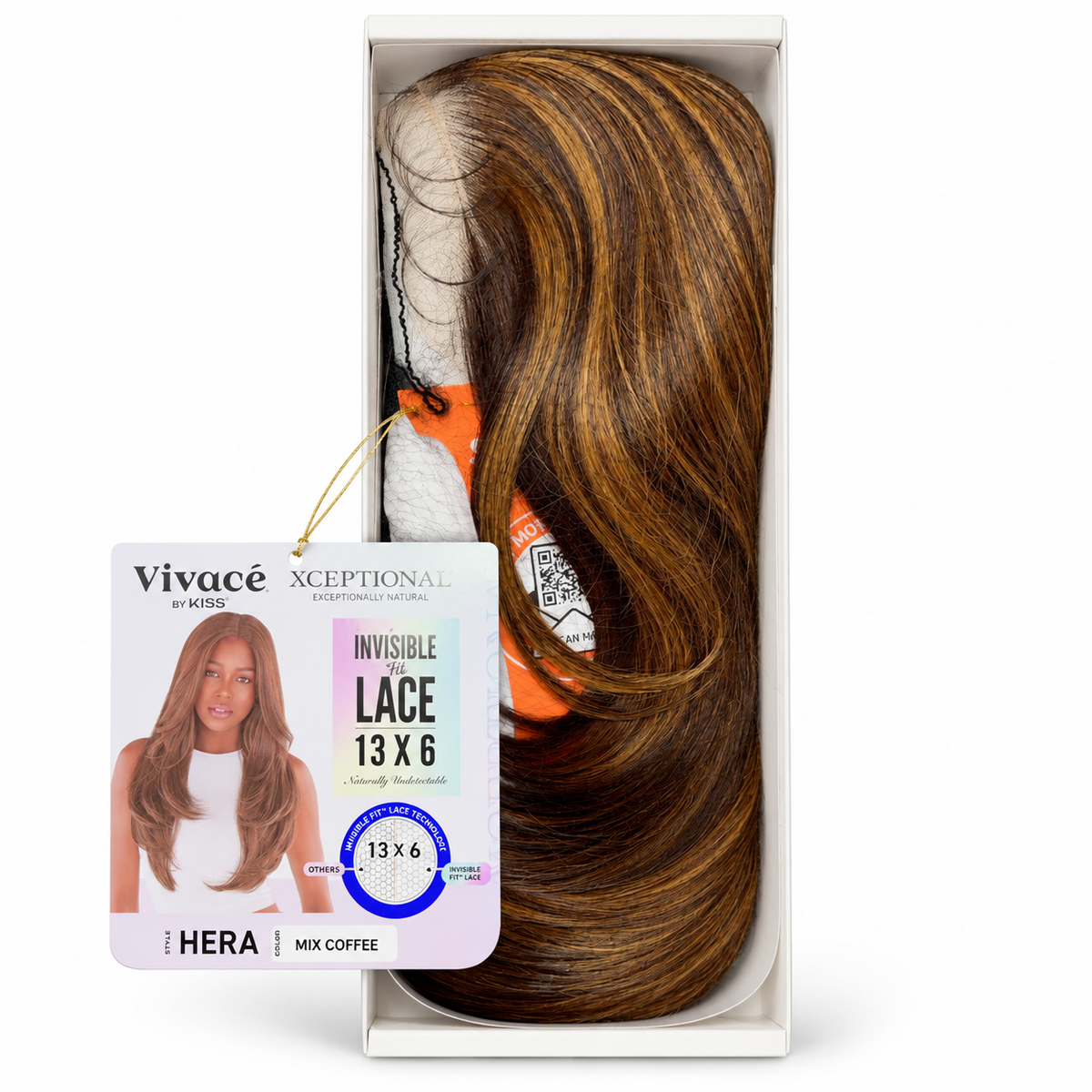 Vivace HERA MIX COFFEE wig in open box with color label — edited product photograph