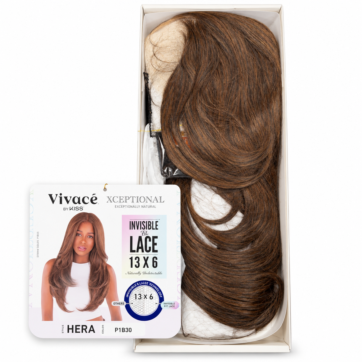 Vivace HERA P1B30 wig in open box with color label — edited product photograph
