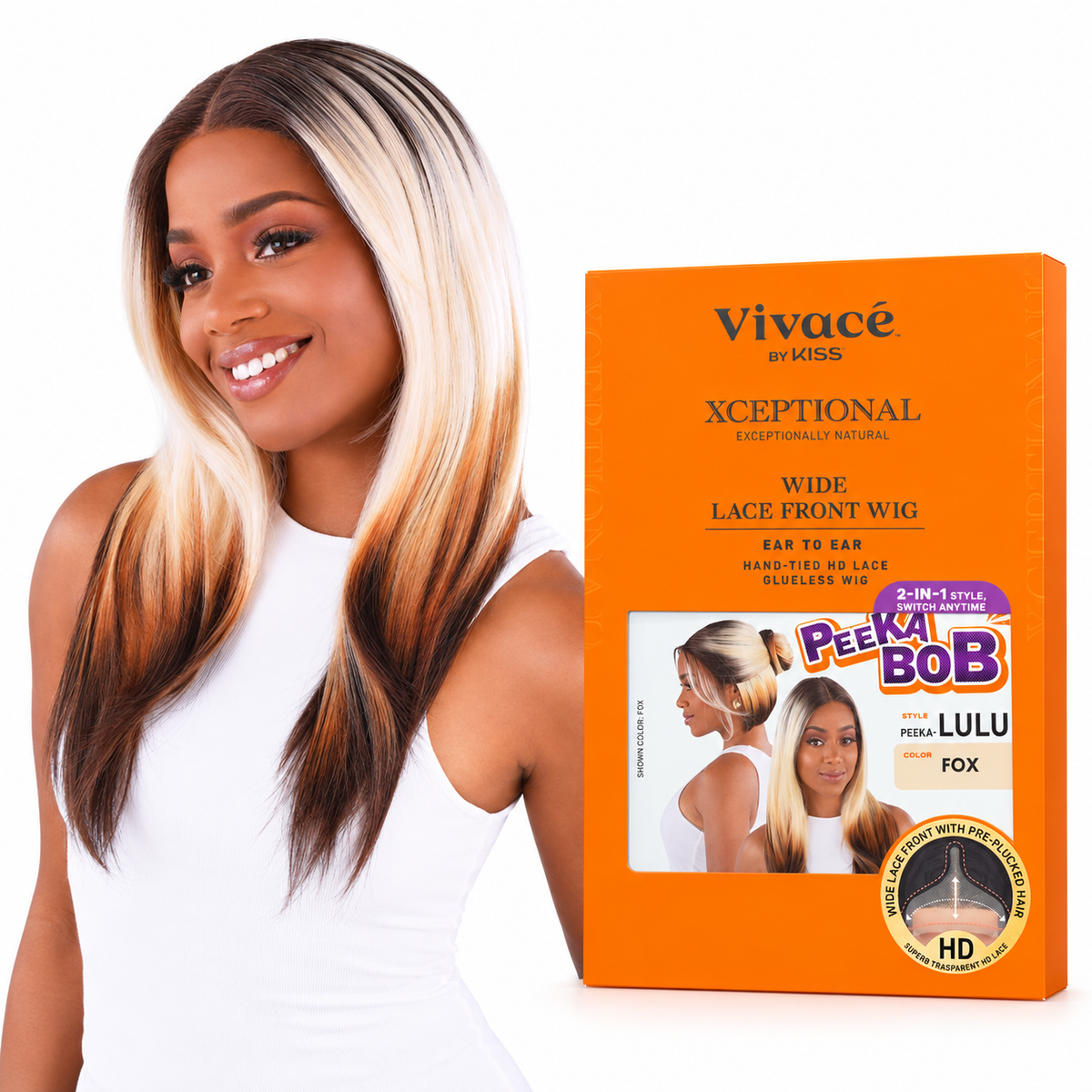 Vivacé Peeka-Lulu lace front wig model wearing Fox beside orange box