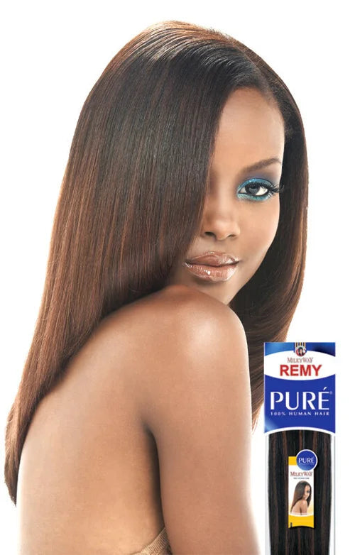 Woman with long straight hair and a package of Remi Remy Pure hair extensions on a white background
