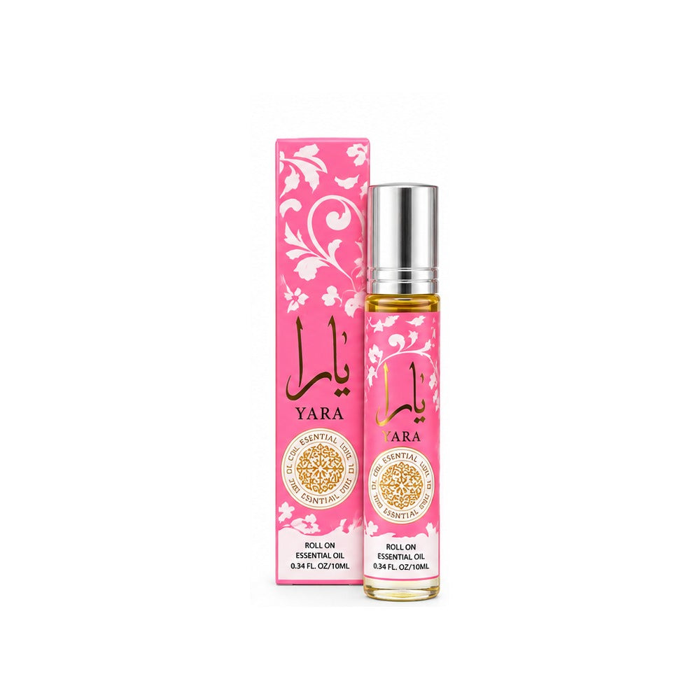 yara pink 10 ml roll-on oil and matching box, centered with white margins