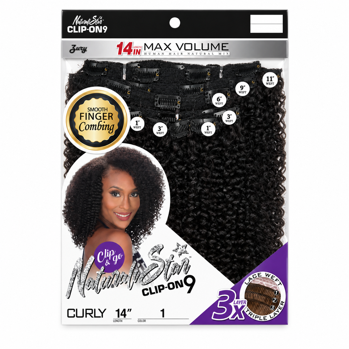 Zury Naturali Star Curly 14-inch clip-on 9PCS color 1 full package