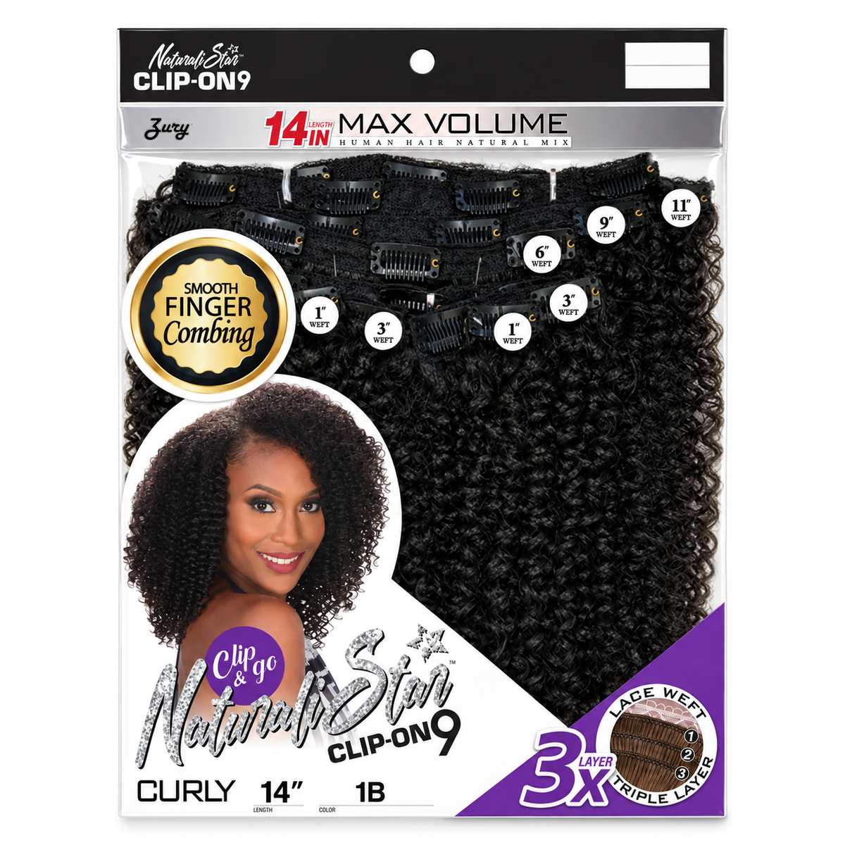Zury Naturali Star Curly 14-inch clip-on 9PCS color 1B full package