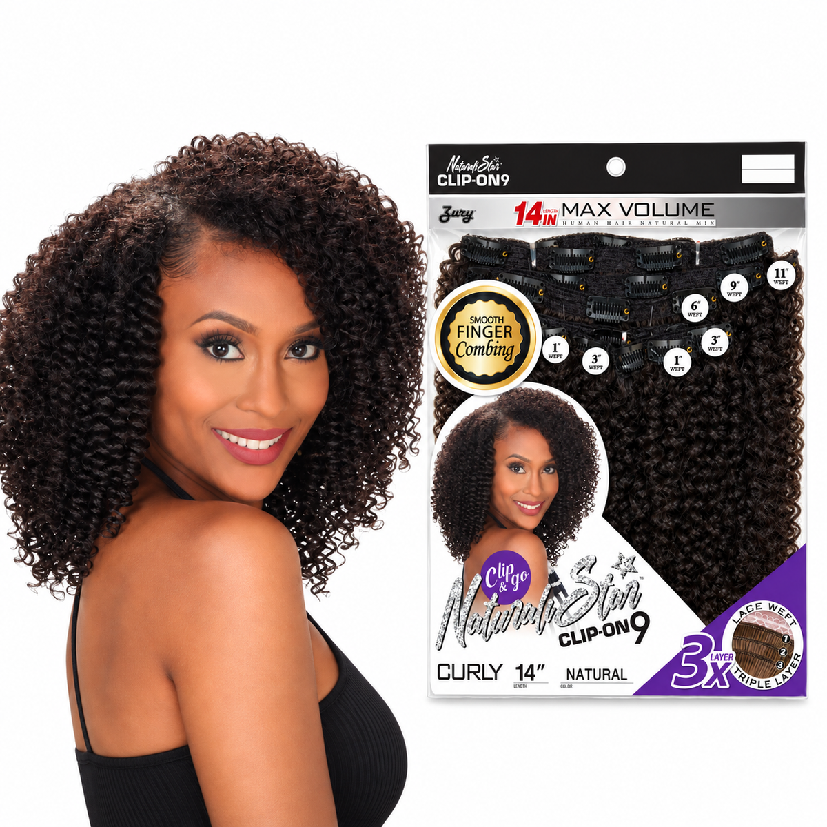 Model and Zury Naturali Star Curly 14-inch 9-piece clip-on package