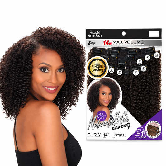 Model and Zury Naturali Star Curly 14-inch 9-piece clip-on package