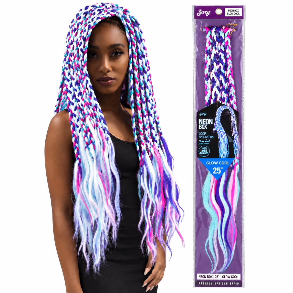 Zury Neon Box 25 inch Glow Cool crochet braids - model and retail package