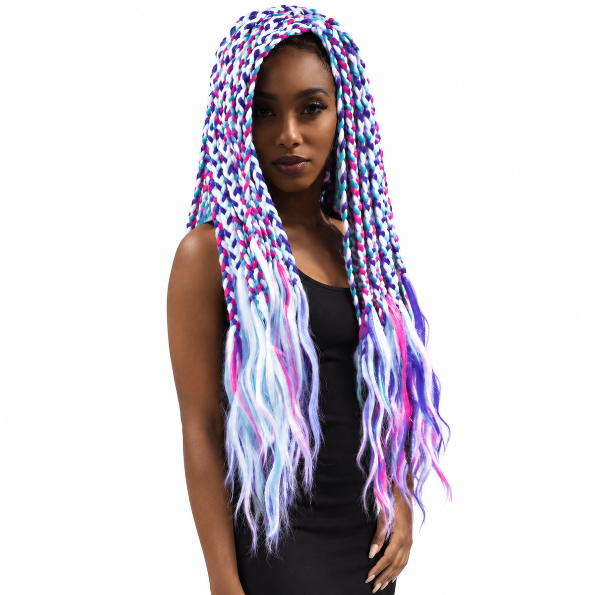 Zury Neon Box 25 inch Glow Cool crochet braids - model showing multicolor braids and wavy ends