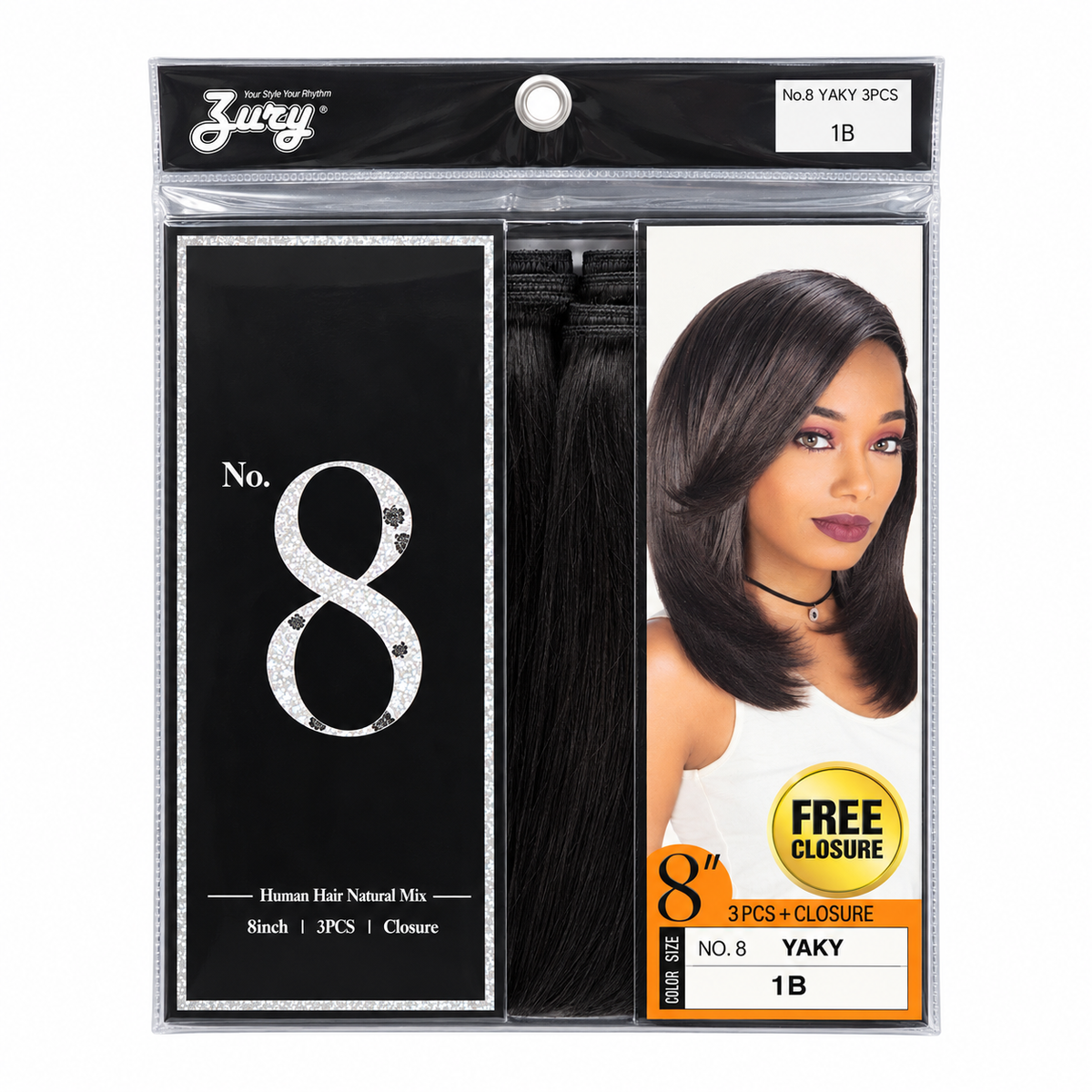 Zury No. 8 Yaky 8-inch 3-piece weave plus closure full package, color 1B