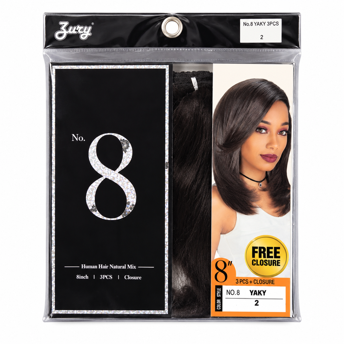 Zury No. 8 Yaky 8-inch 3-piece weave plus closure full package, color 2