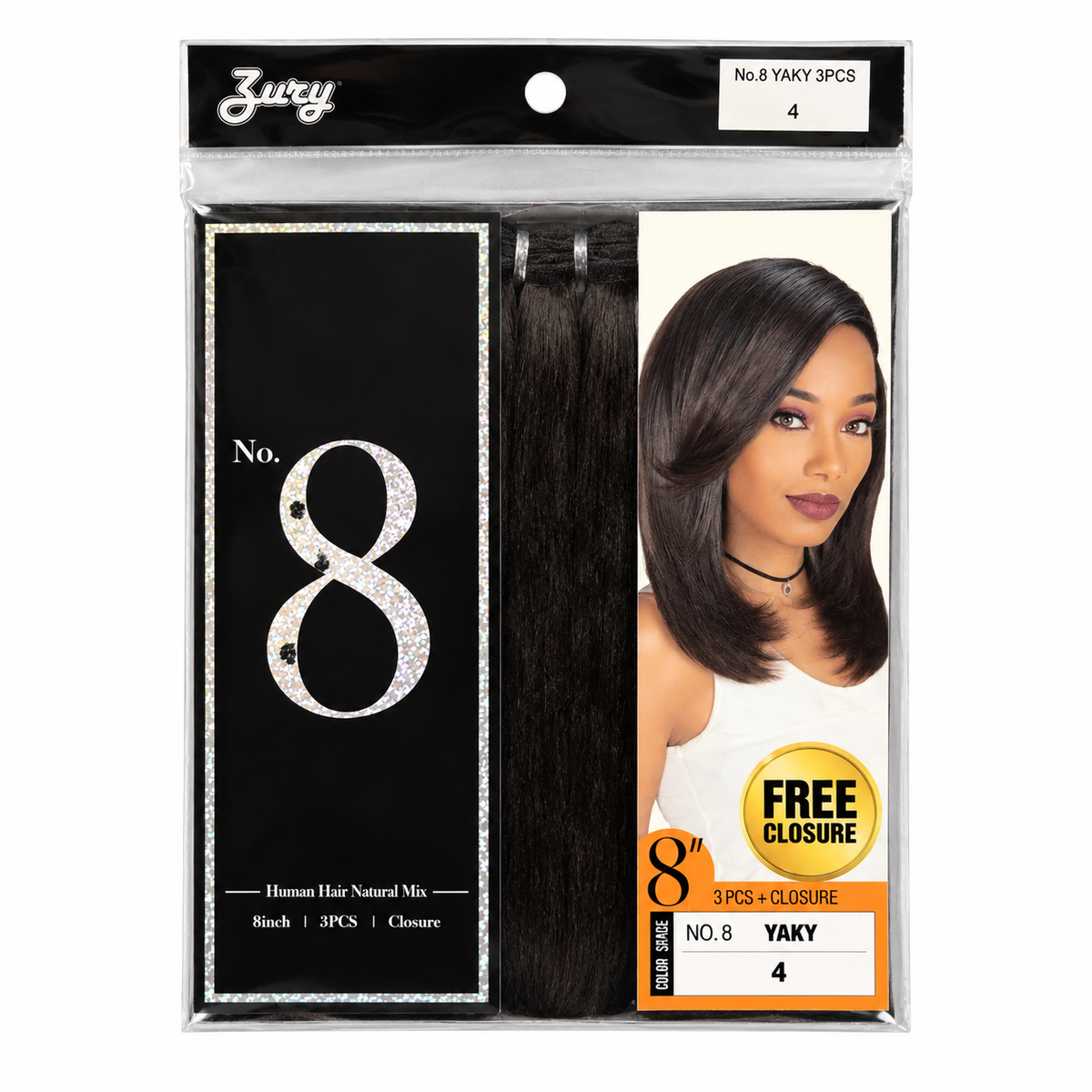 Zury No. 8 Yaky 8-inch 3-piece weave plus closure full package, color 4