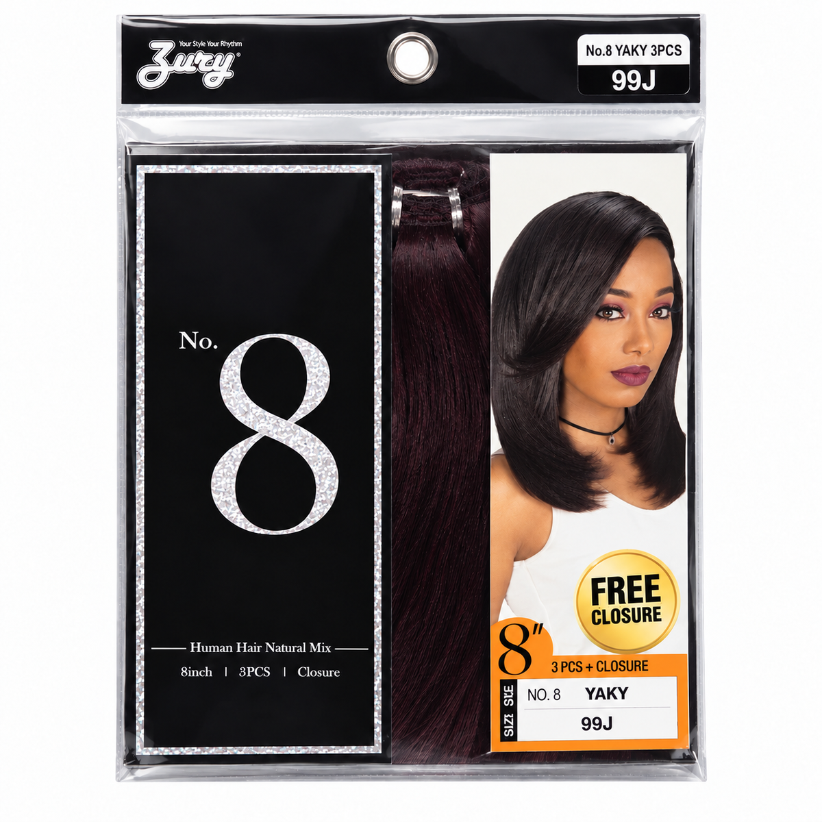 Zury No. 8 Yaky 8-inch 3-piece weave plus closure full package, color 99J