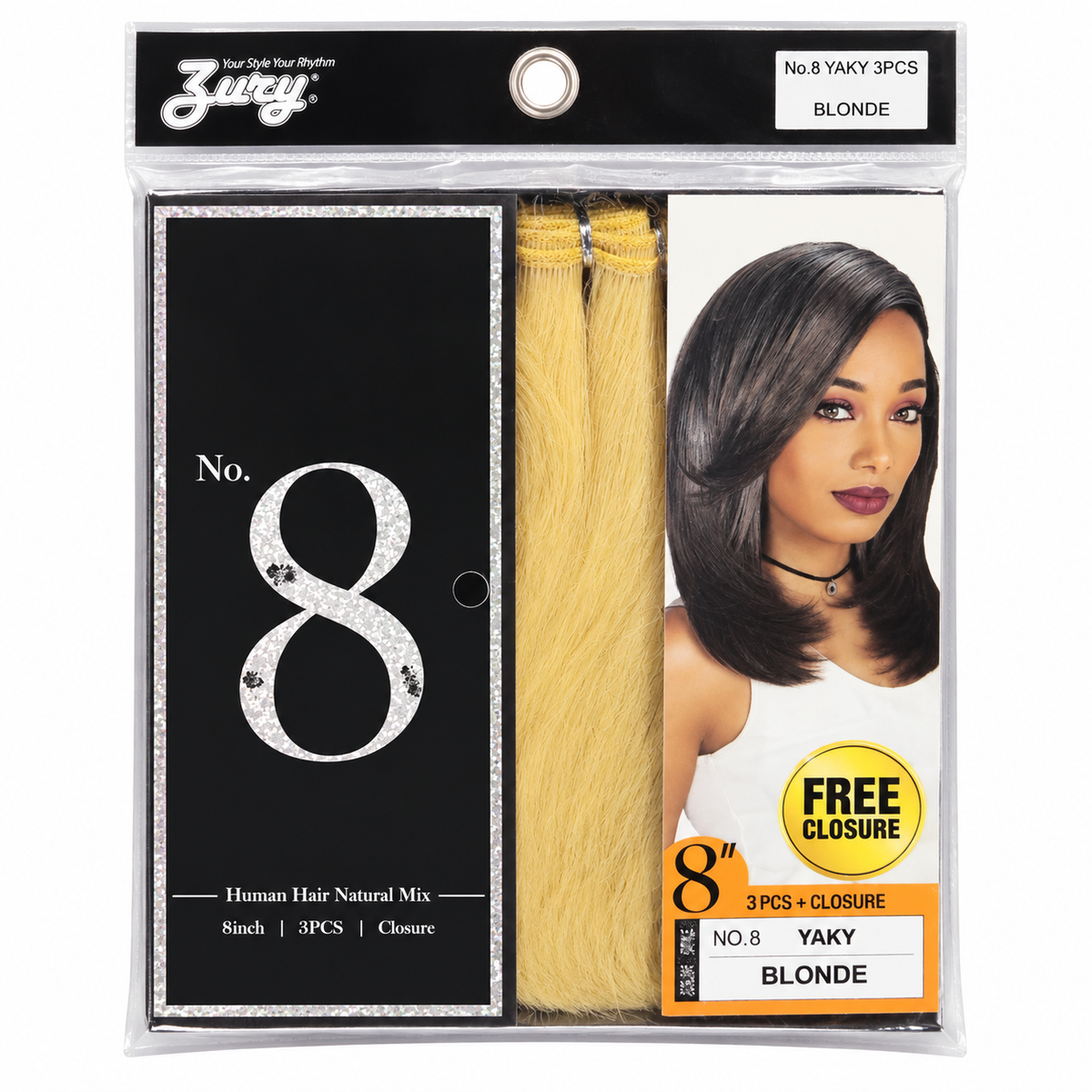 Zury No. 8 Yaky 8-inch 3-piece weave plus closure full package, color Blonde
