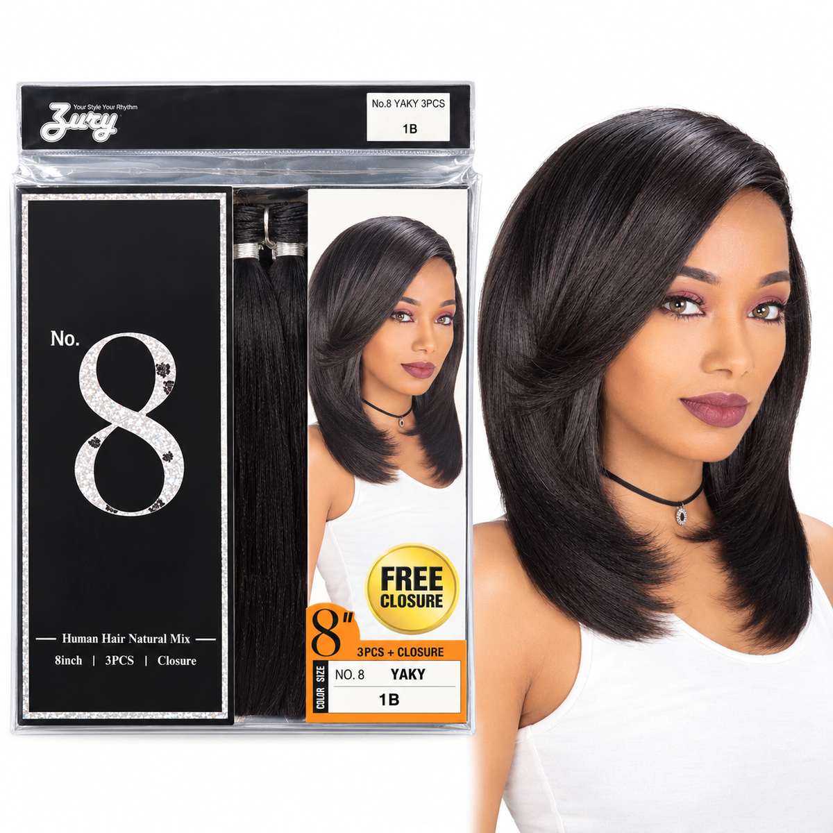 Zury No. 8 Yaky 8-inch human hair blend 3-piece weave with closure, model and color 1B package