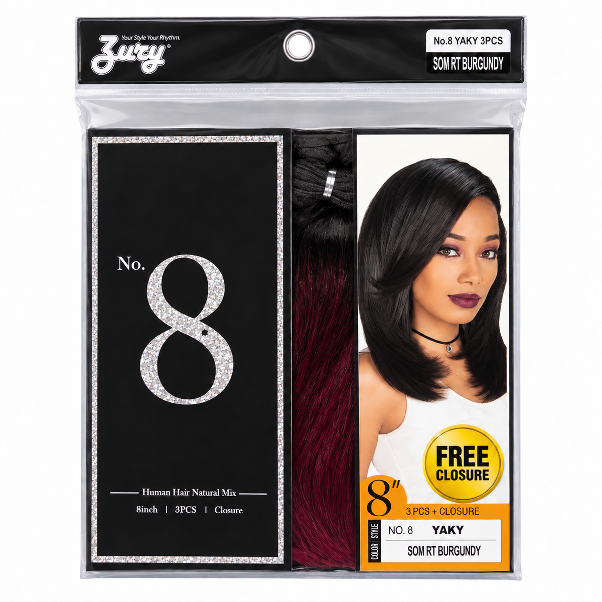 Zury No. 8 Yaky 8-inch 3-piece weave plus closure full package, color SOM RT Burgundy