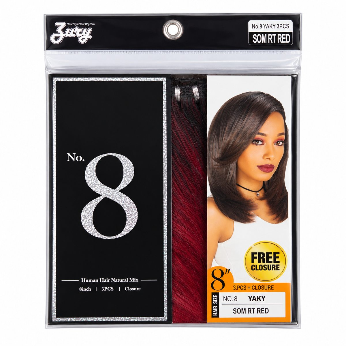 Zury No. 8 Yaky 8-inch 3-piece weave plus closure full package, color SOM RT Red