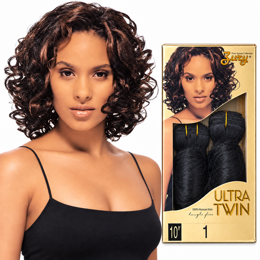 Zury Ultra Twin model and package showing two separate hair bundles