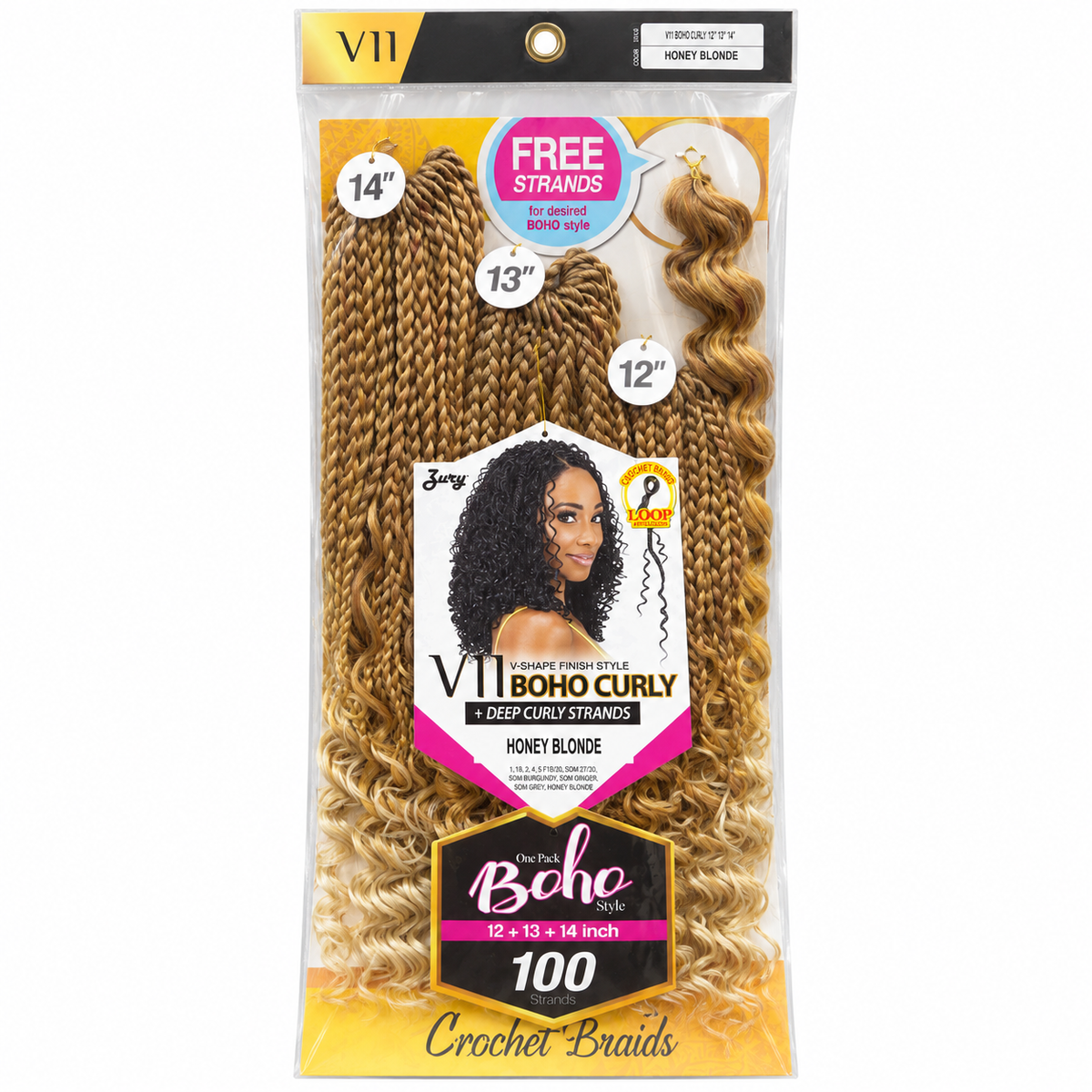 Zury V11 Boho Curly complete 100 strand package 12 13 14 inches color HONEY BLONDE