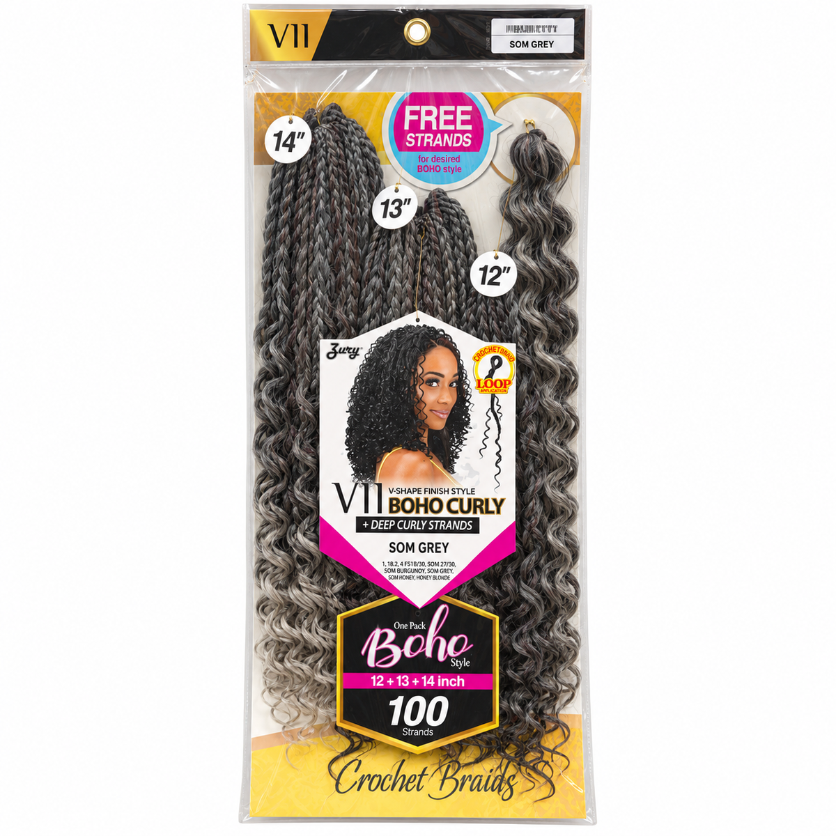 Zury V11 Boho Curly complete 100 strand package 12 13 14 inches color SOM GREY