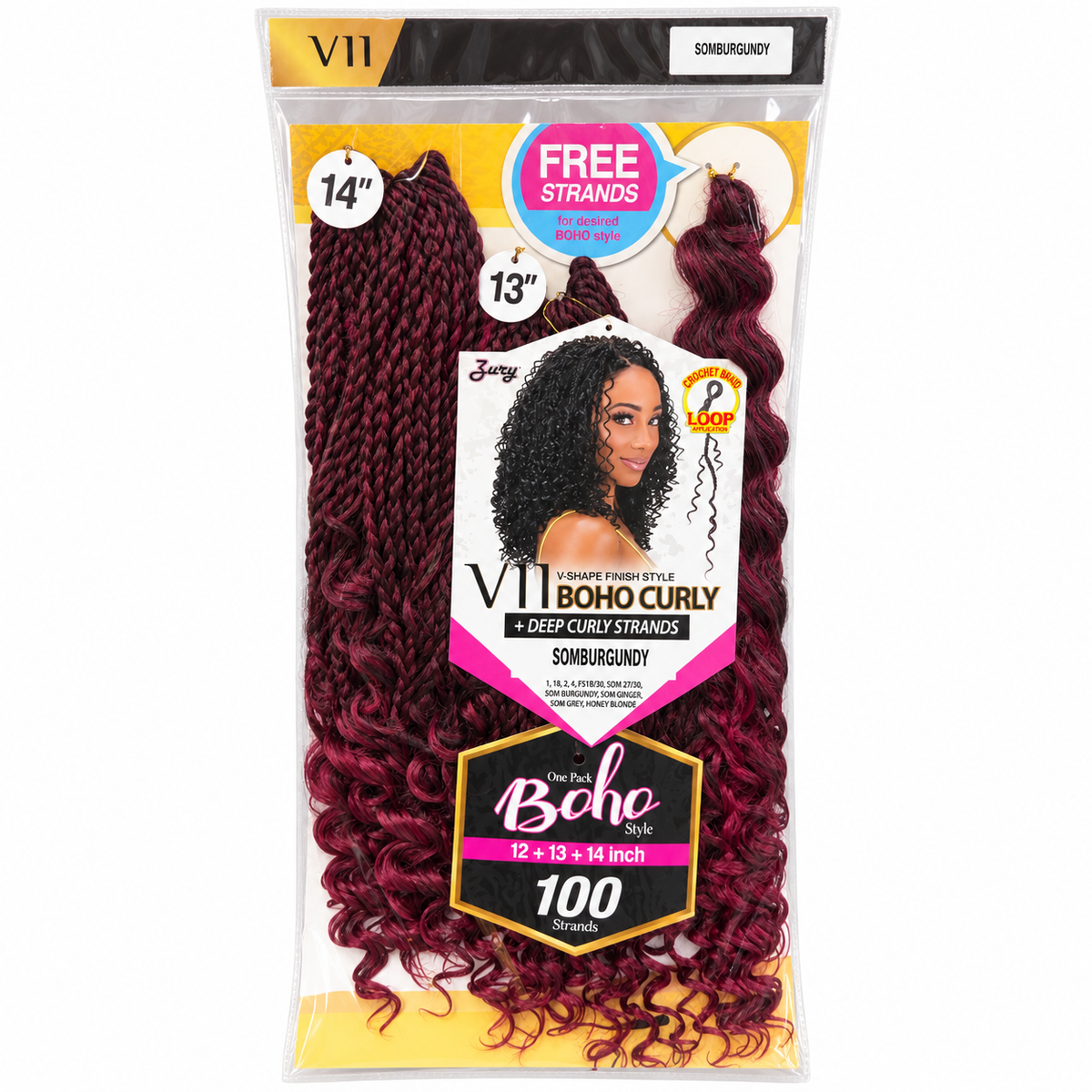 Zury V11 Boho Curly complete 100 strand package 12 13 14 inches color SOMBURGUNDY